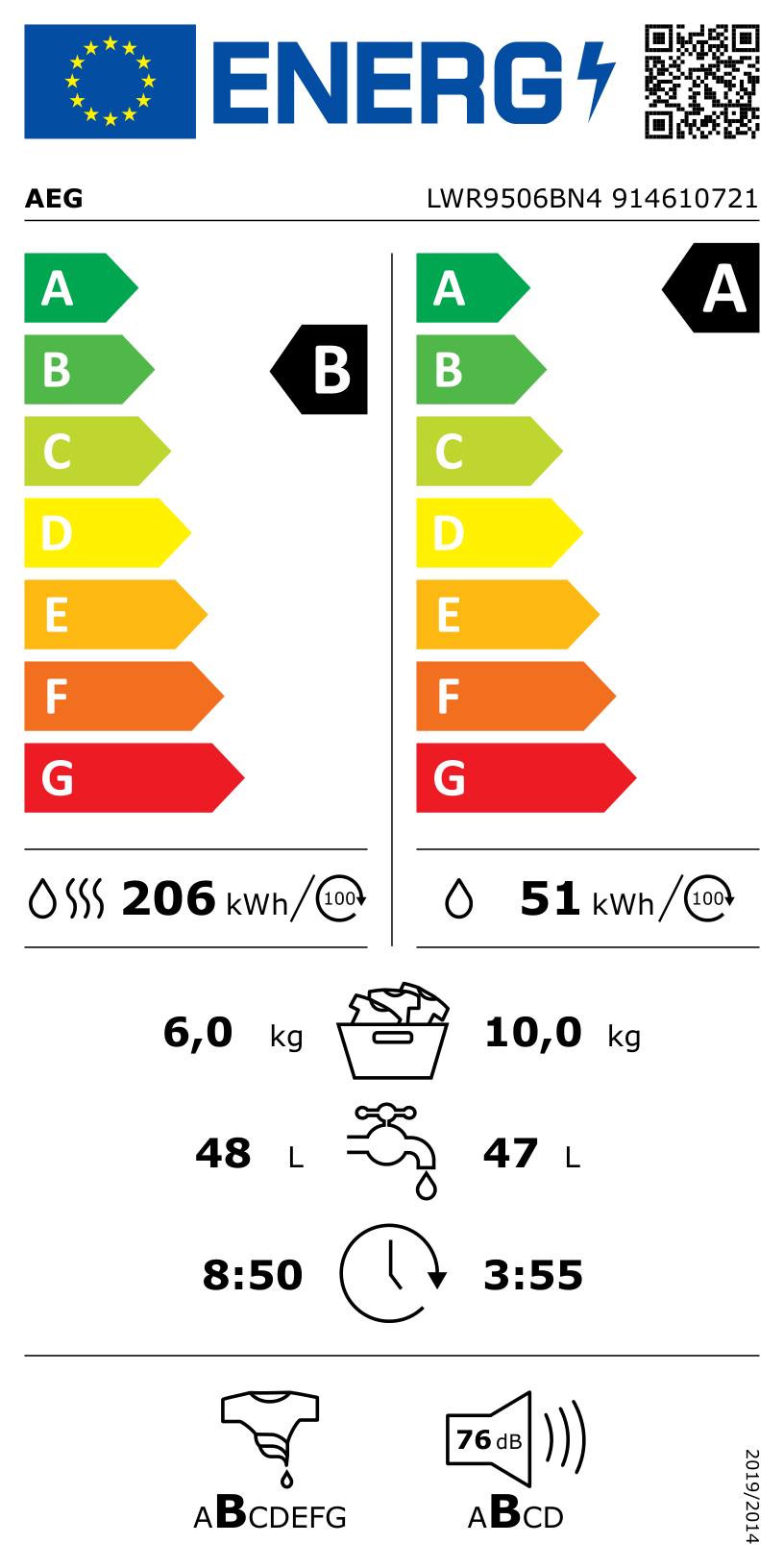 Origineel energielabel AEG LWR9506BN4: links wassen en drogen, rechts alleen wassen.