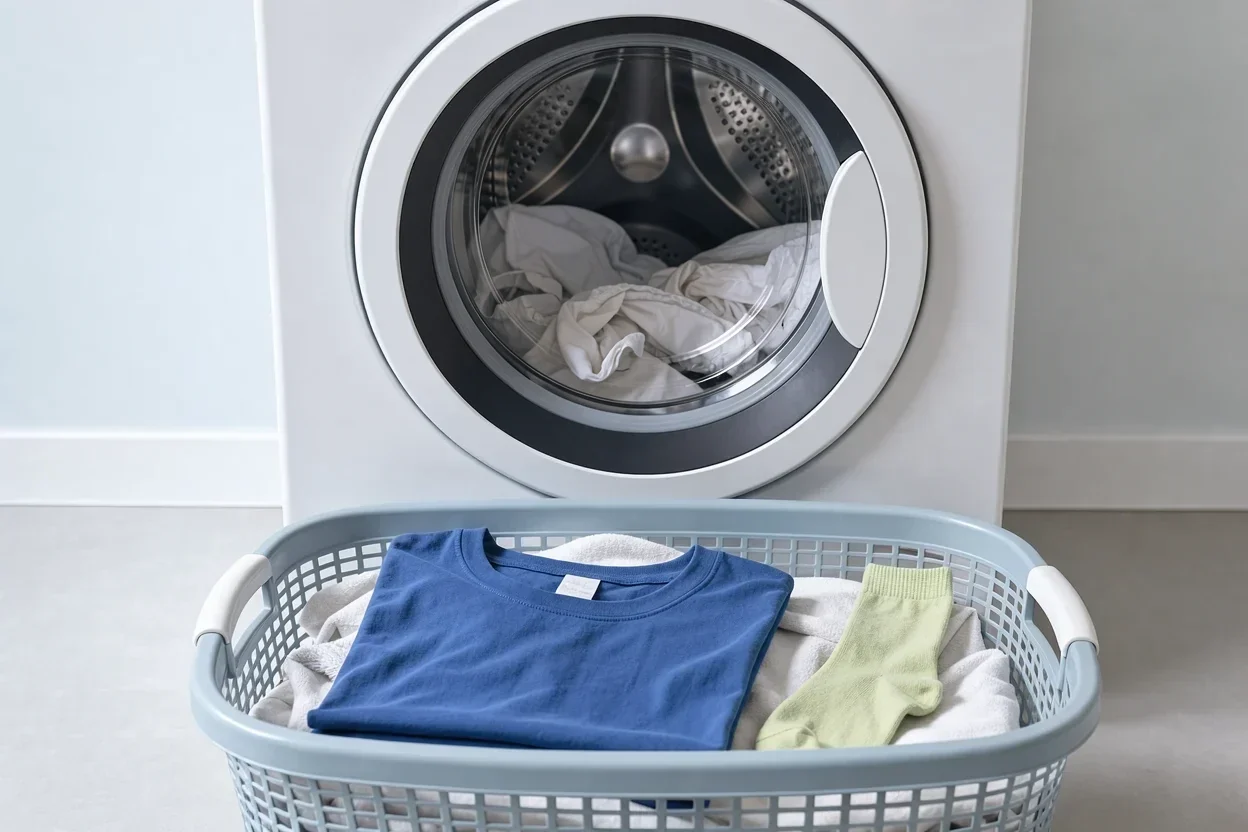 Een mand met een volgende waslading staat vóór een bezette wasdroogcombinatie.