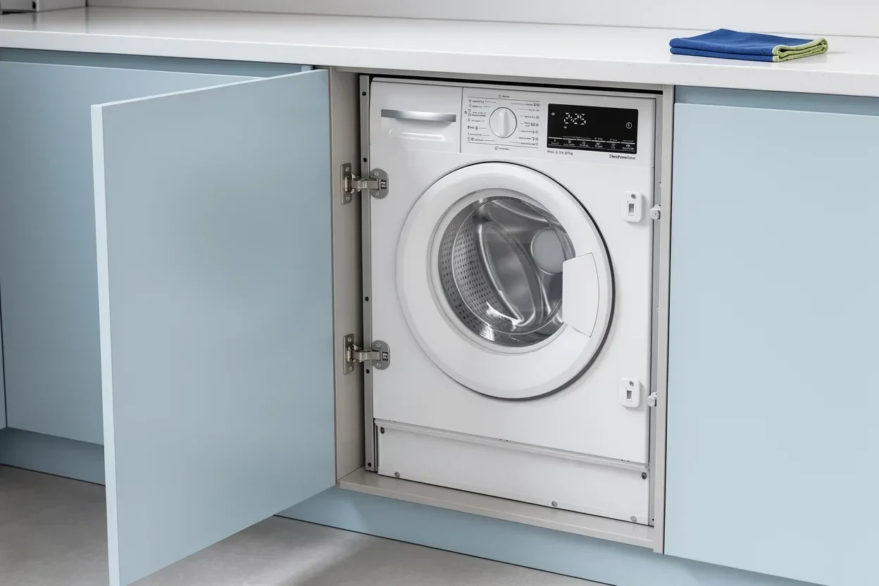 Inbouw wasdroogcombinatie achter een geopende meubeldeur in een keukenopstelling.