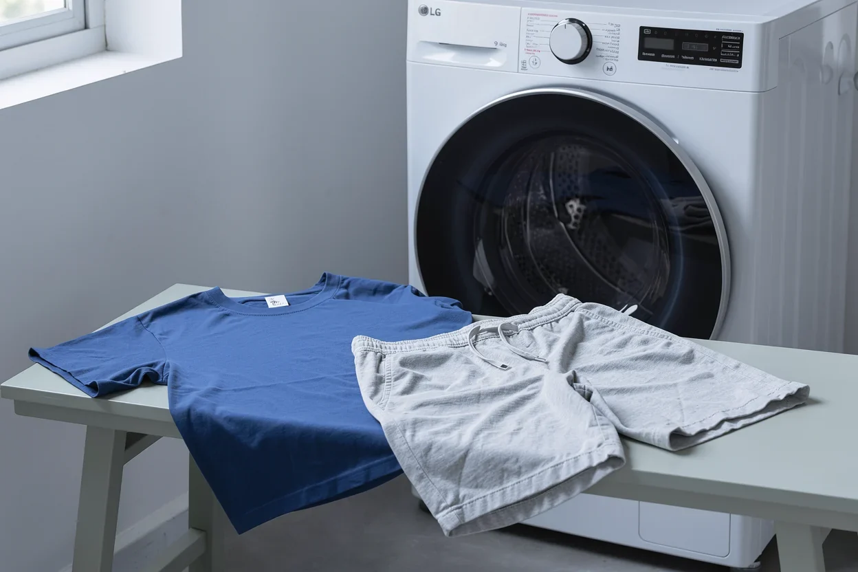 Een T-shirt en korte broek liggen als kleine lading vóór een LG-wasdroogcombinatie.