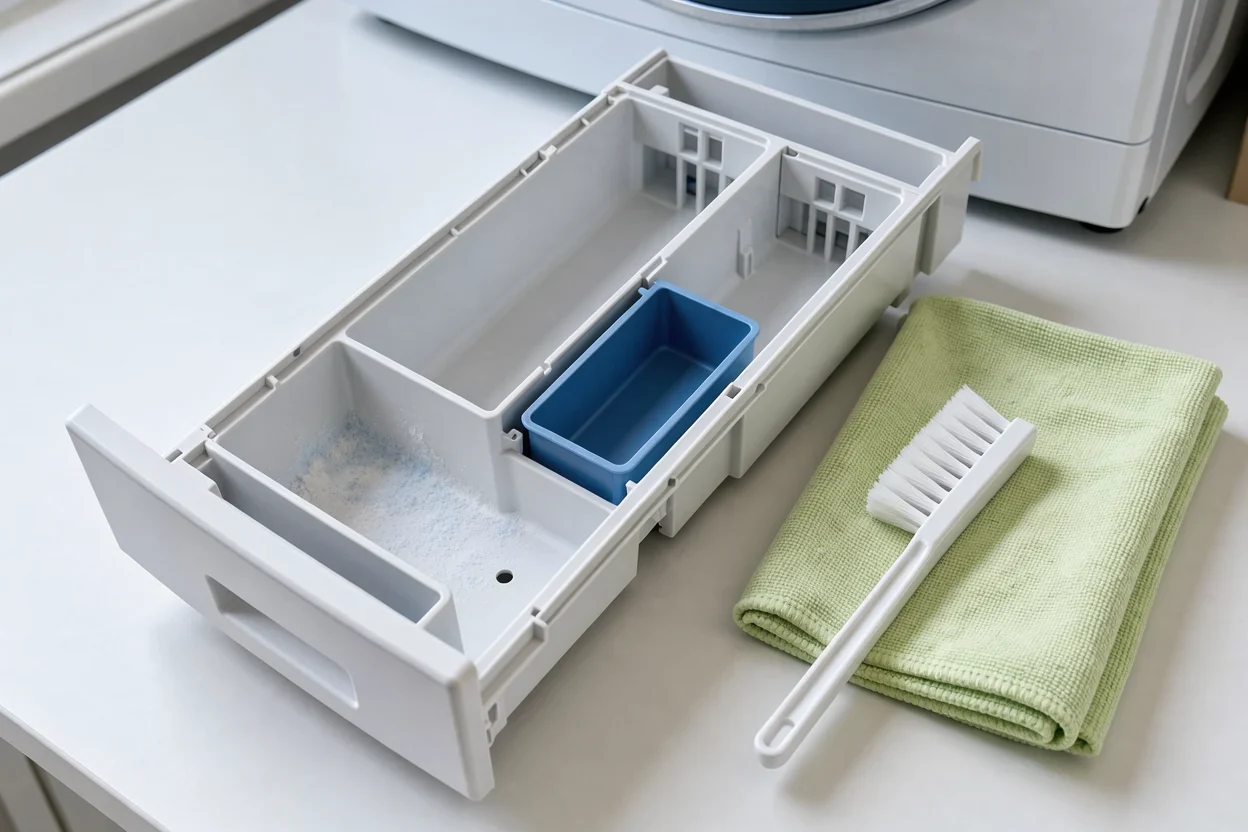 Uitgenomen wasmiddellade met reinigingsborstel en microvezeldoek op een werkblad.