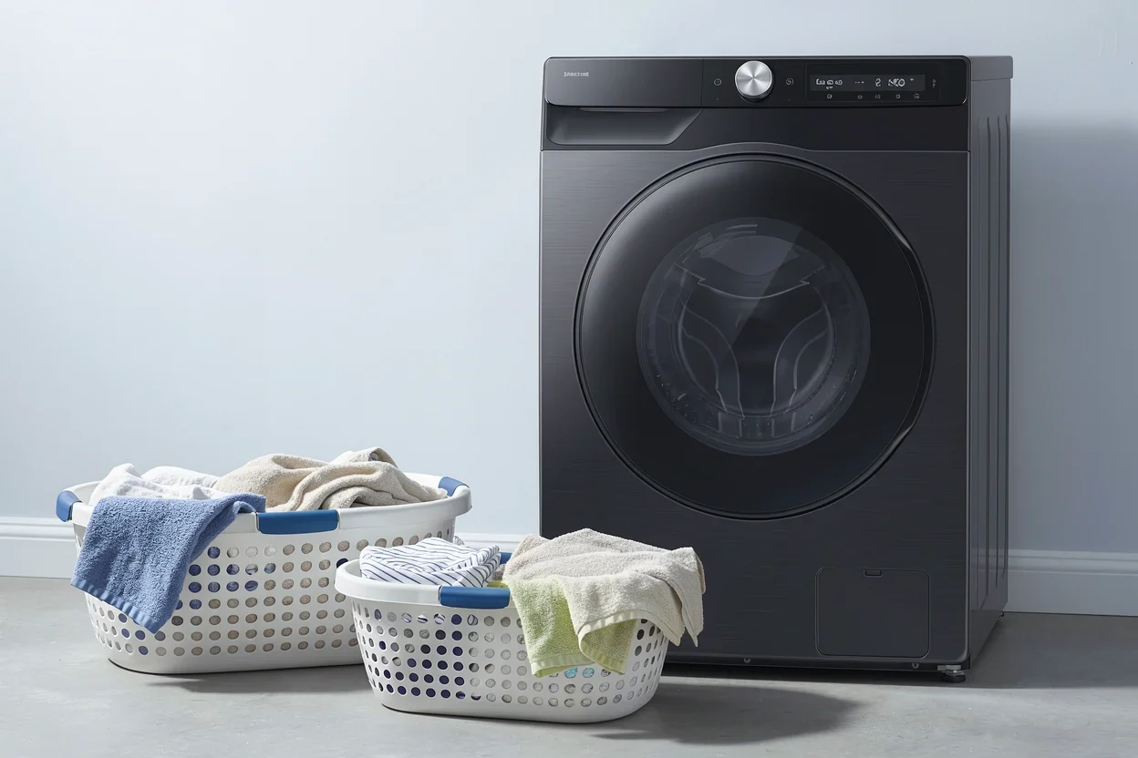 Twee kleine groepen wasgoed in manden vóór een Samsung-wasdroogcombinatie.