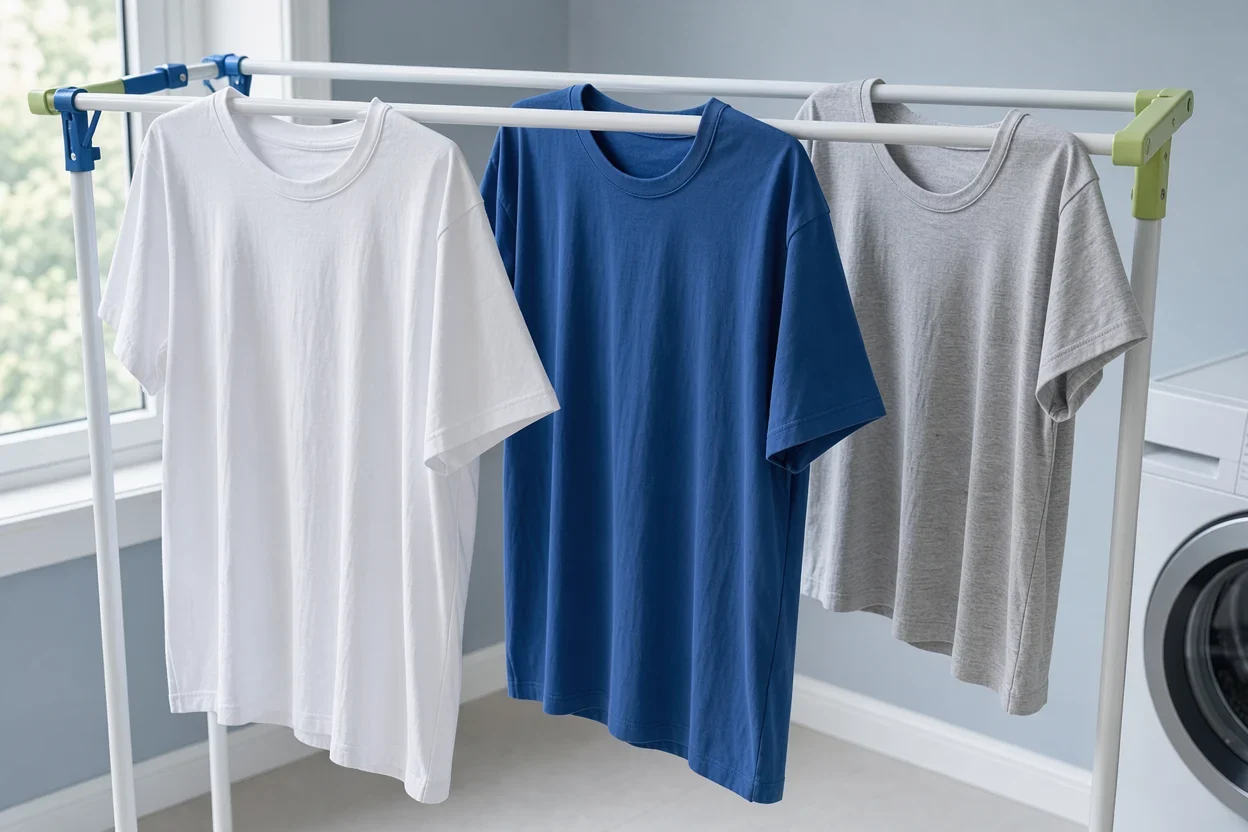 Katoenen kleding hangt met ruimte ertussen aan een droogrek.