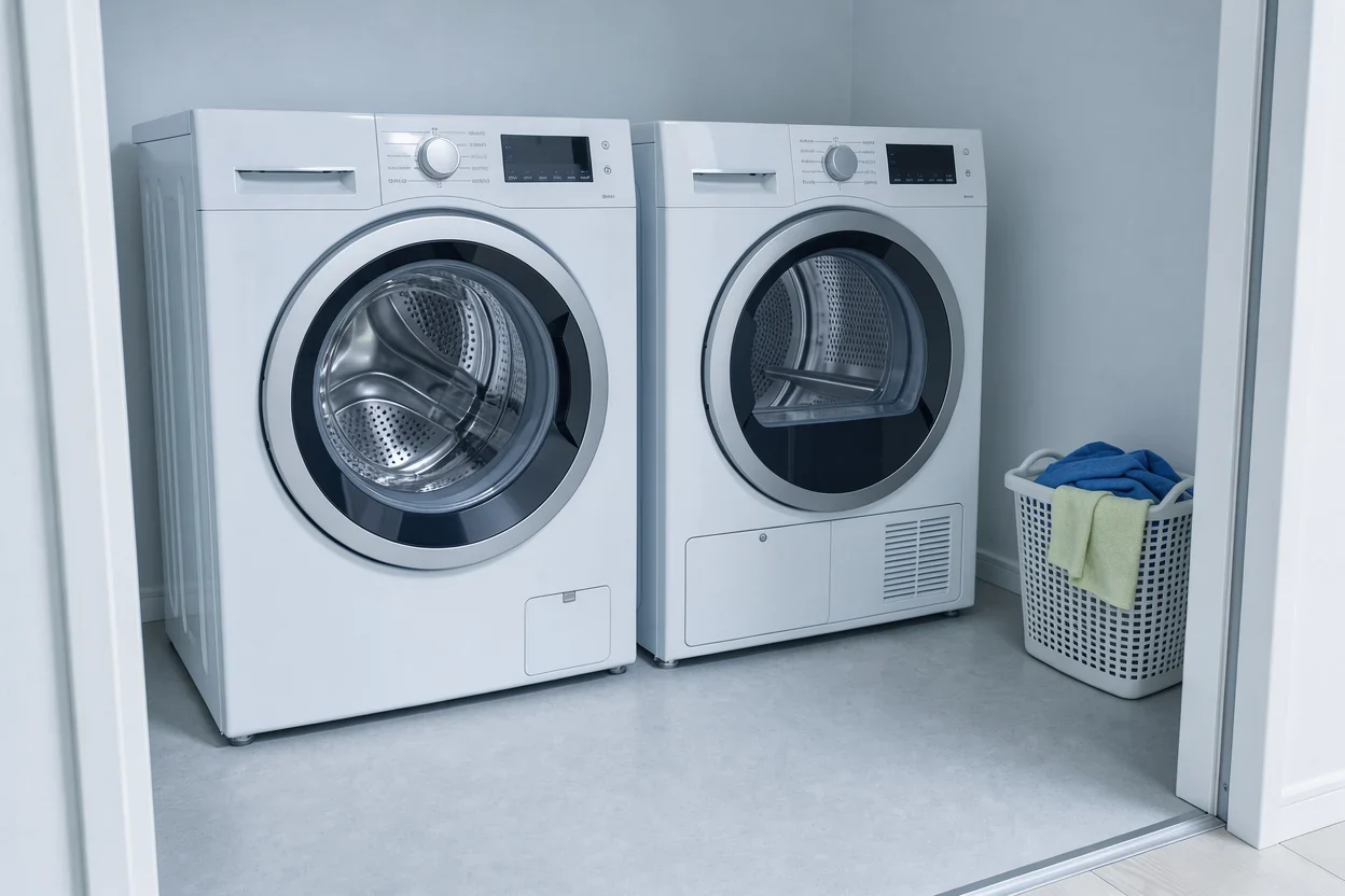 Een losse wasmachine en droger naast elkaar, met vrije vloerruimte voor beide deuren.