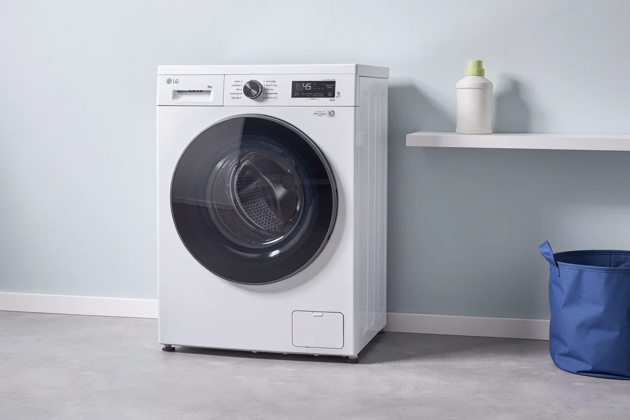 LG wasdroogcombinatie met herkenbare donkere ronde deur.